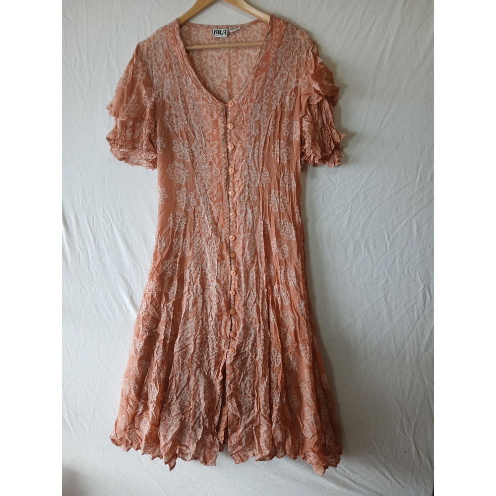 Vintage‎ Bila Wedding Guest Floral Button Down Dress Medium Ruffled Short Sleeve